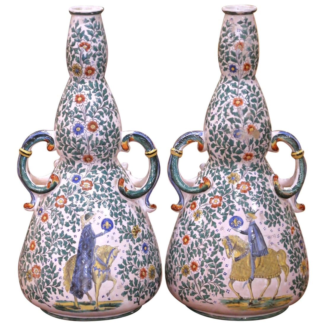 Set of Two 19th Century Nevers French Faience Ewers With Royal Equestrian Scenes: Set of Two 19th Century Nevers French Faience Ewers With Royal Equestrian Scenes This distinguished pair of mid-19th century French Nevers faience ewers is finely hand-crafted and hand-painted in the