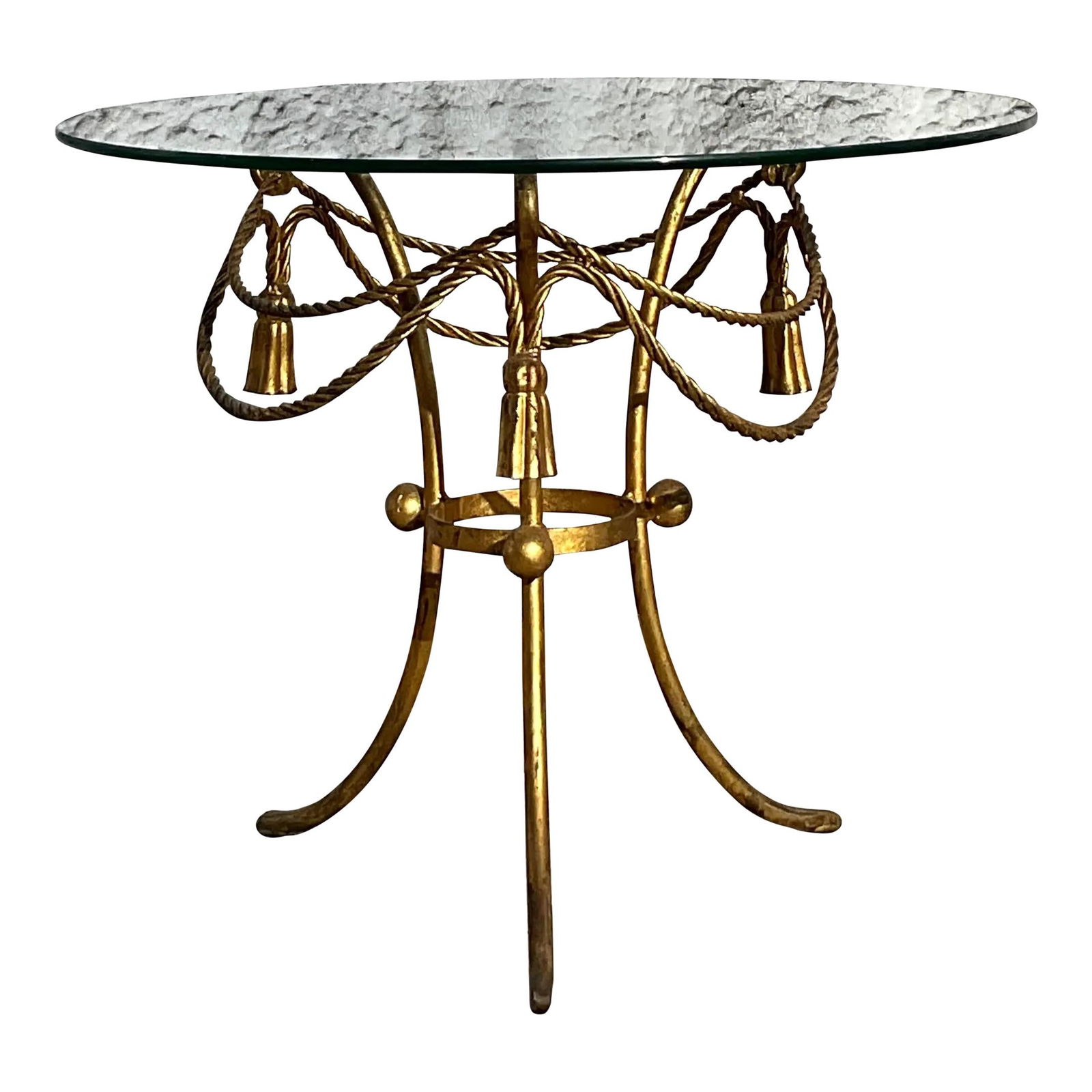 Vintage Regency Gold Brass Glass Side Table with Swags and Tassels (1 of 6)