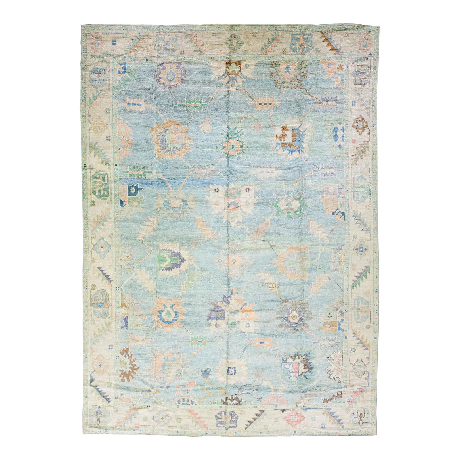 Oversize Turkish Oushak Blue Wool Rug with Floral Design 12'2 x 17'1: Oversize Turkish Oushak Blue Wool Rug with Floral Design 12'2 x 17'1 Elevate your space with this stunning modern Oushak hand-knotted wool rug, featuring a vibrant blue field complemented by a beige f