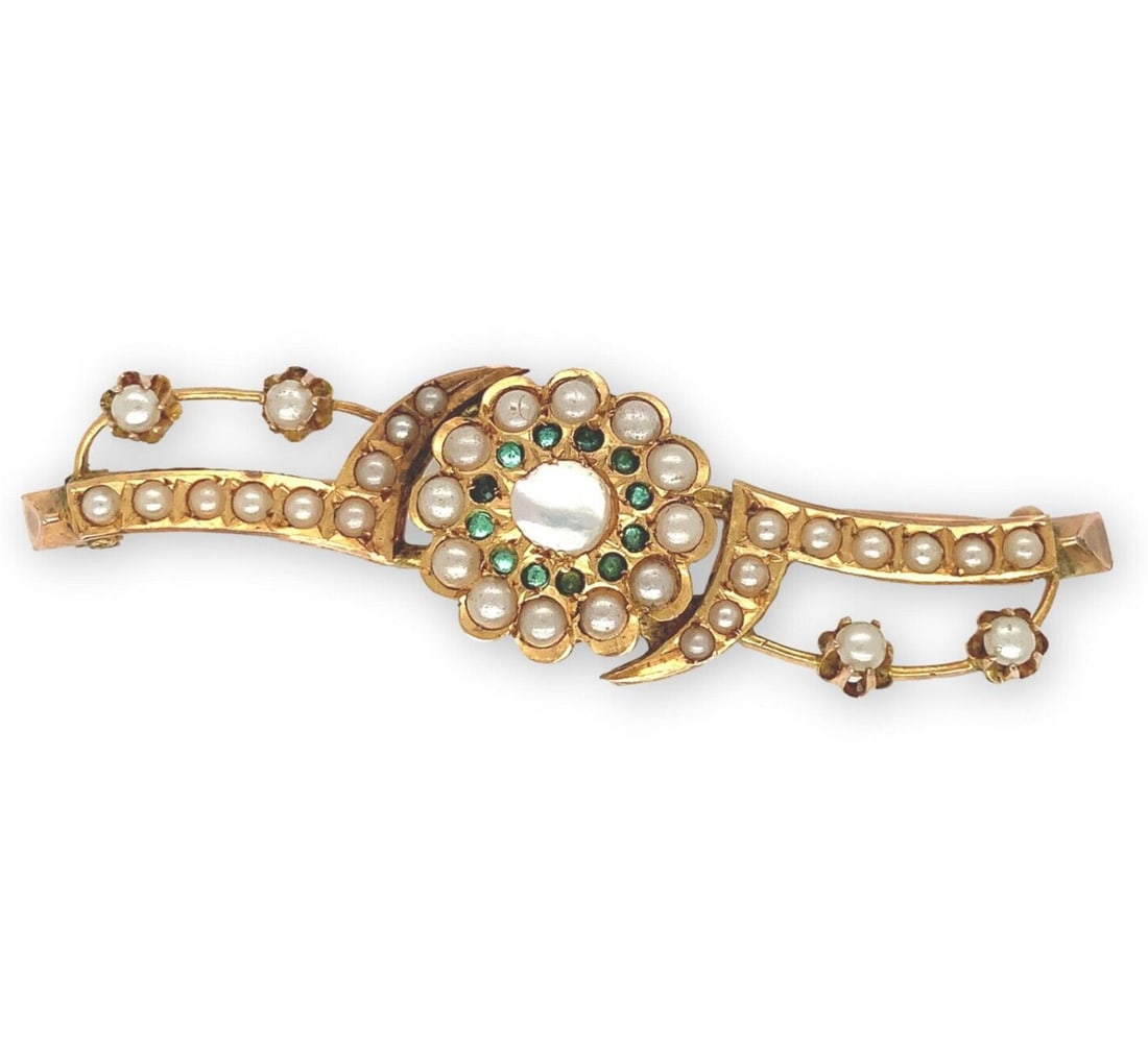 Victorian Era 12k Yellow Gold Floral Brooch with Mother of Pearl and Seed Pearls (1 of 7)