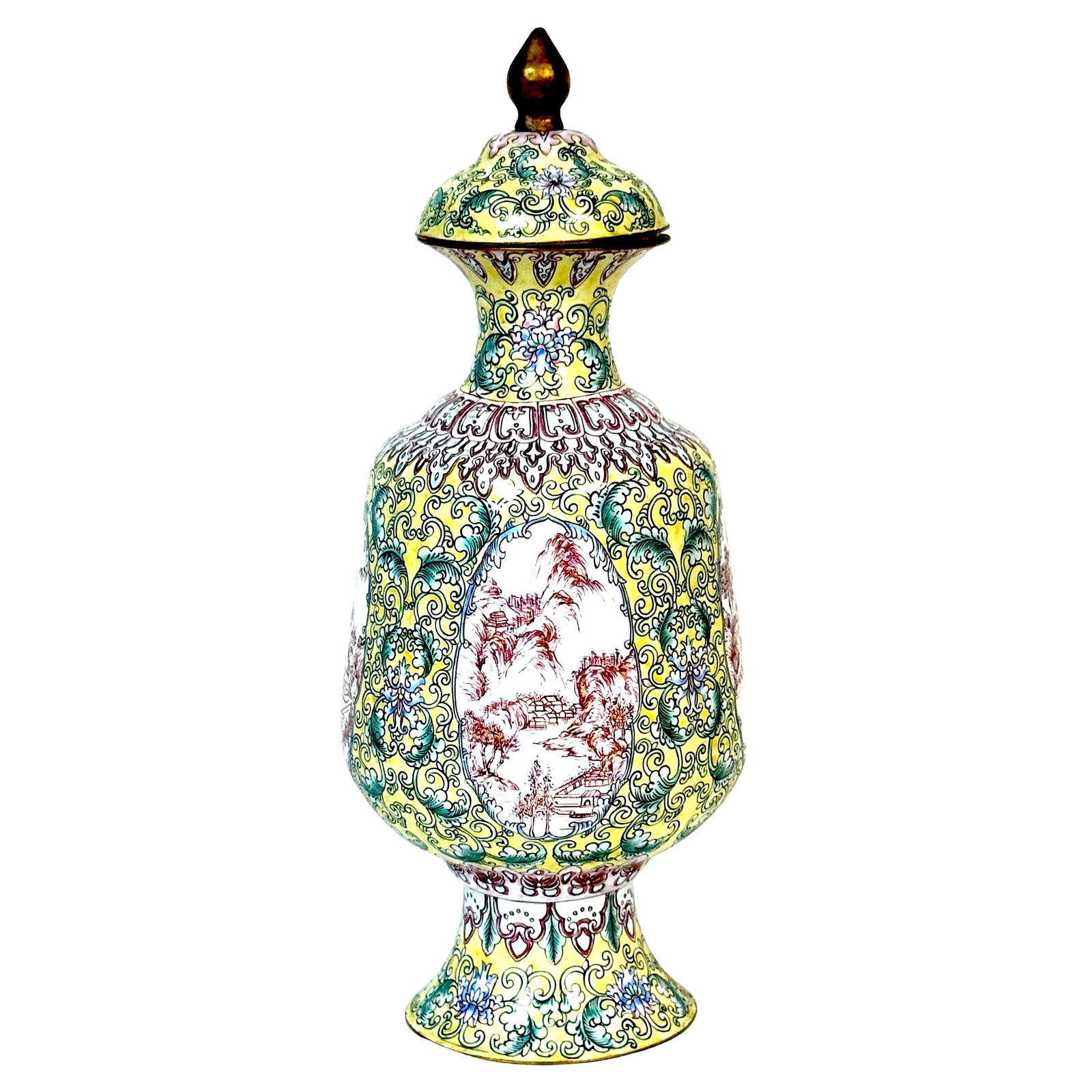 Mid-20th Century Chinese Canton Enamel Vase Set with Landscape Reserves (1 of 12)