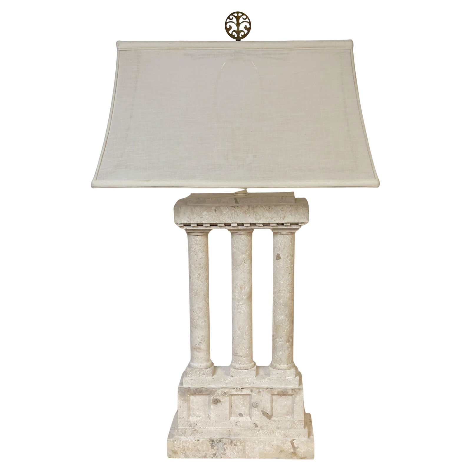 1980s Italian Coral Coquina Stone Architectural Style Lamp: 1980s Italian Coral Coquina Stone Architectural Style Lamp This stunning 1980s large-scale lamp showcases an elegant architectural design with a sculptural base crafted from natural coral/coquina ston