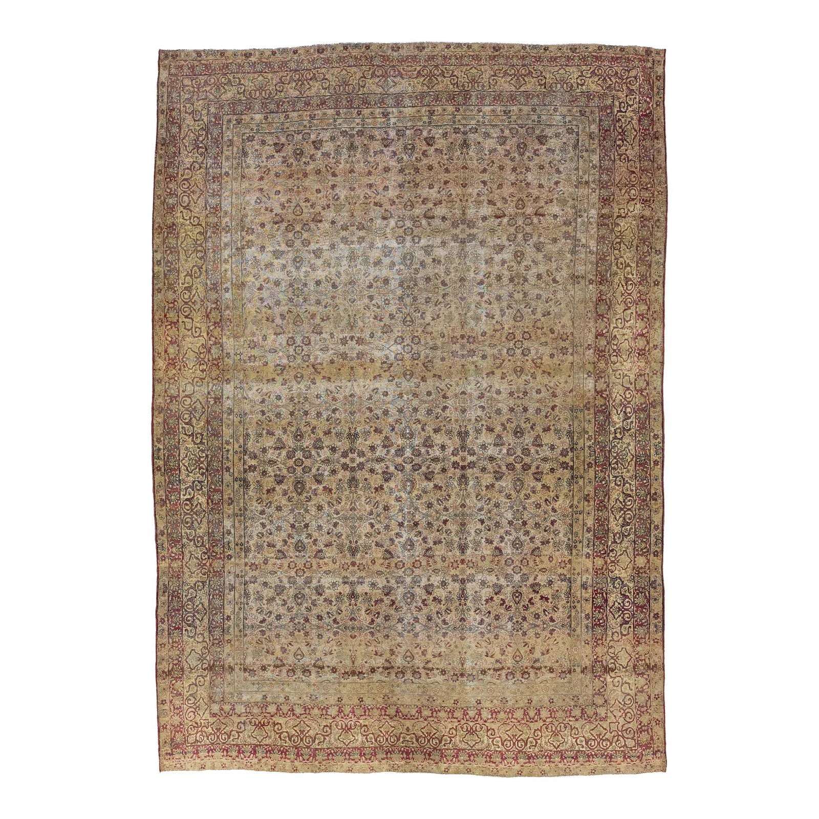 Antique Persian Kerman Wool Rug Handmade Allover Floral Design 10'5 x 14'11: Antique Persian Kerman Wool Rug Handmade Allover Floral Design 10'5 x 14'11 This exquisite Persian Kerman rug, crafted from high-quality wool, features a stunning all-over floral motif in vibrant red