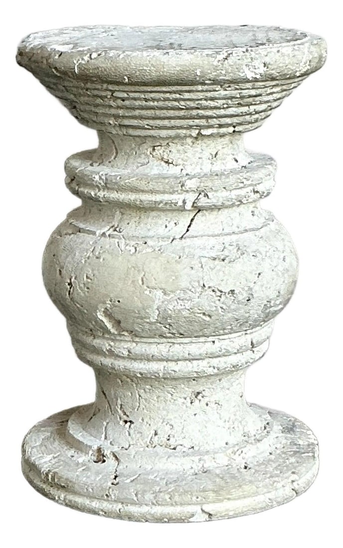 Carved Coquina Stone Pedestal Table with Coastal Vintage Style 19.5x19.5x29: Carved Coquina Stone Pedestal Table with Coastal Vintage Style 19.5x19.5x29 This vintage coastal table pedestal is expertly carved from coquina stone, featuring a natural, rough-hewn texture and an of