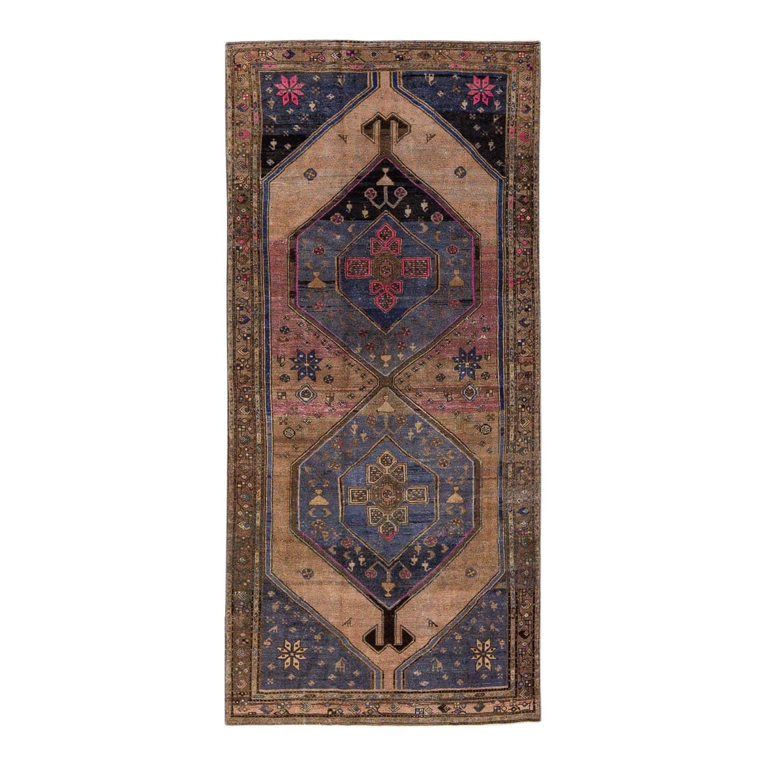 1960s Handmade Persian Geometric Brown Wool Rug 4'8 x 10': 1960s Handmade Persian Geometric Brown Wool Rug 4'8 x 10' This stunning vintage Persian rug features a beautifully distressed hand-knotted construction, showcasing a rich brown color field complemente