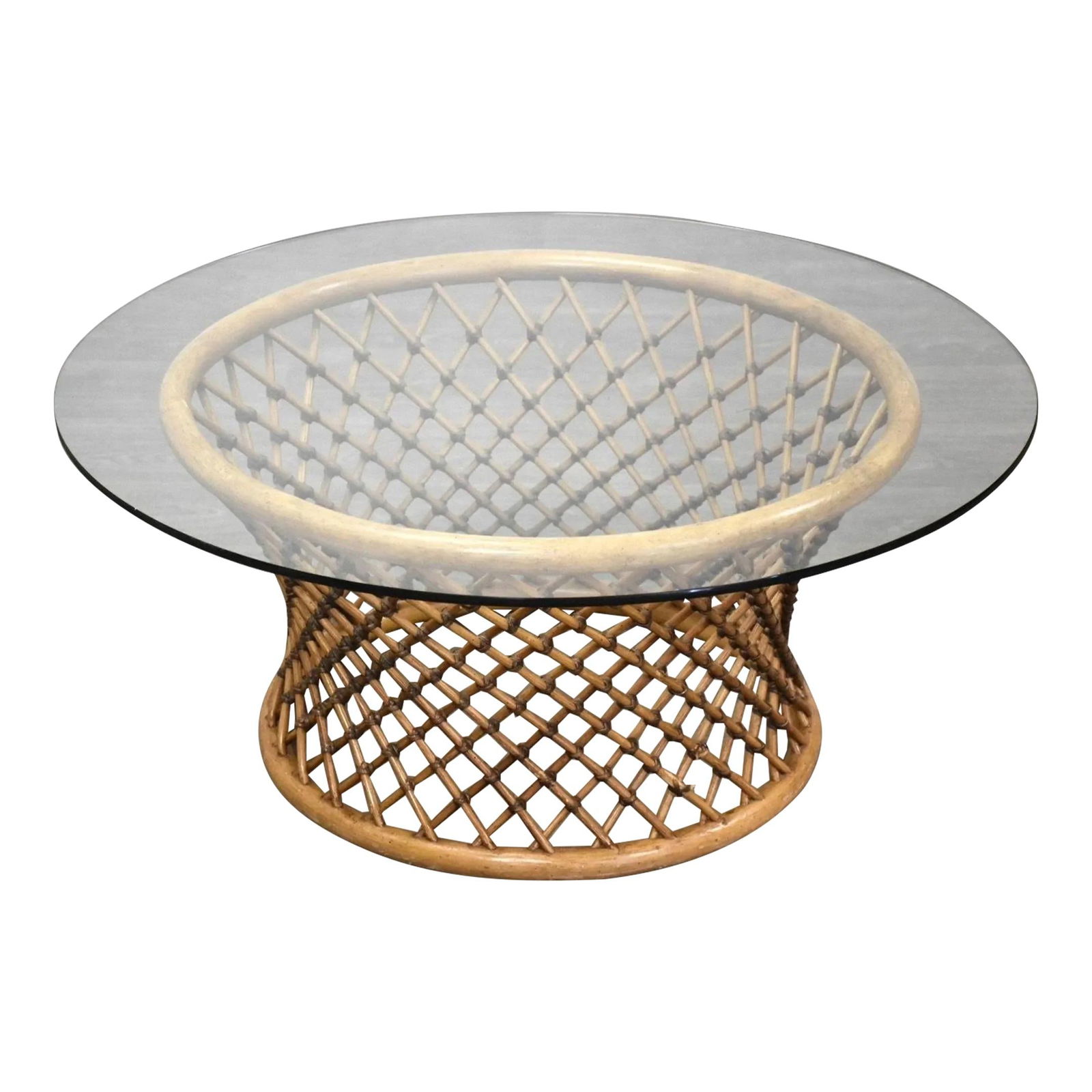 1970s Mid Century Rattan Coffee Table with Glass Top 38in (1 of 6)