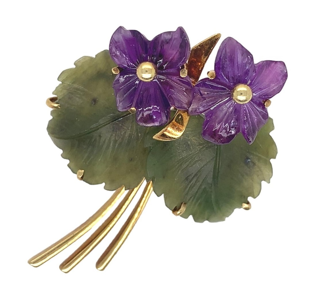 Handmade 14k Yellow Gold Amethyst Flower Jade Leaf Pin (1 of 9)