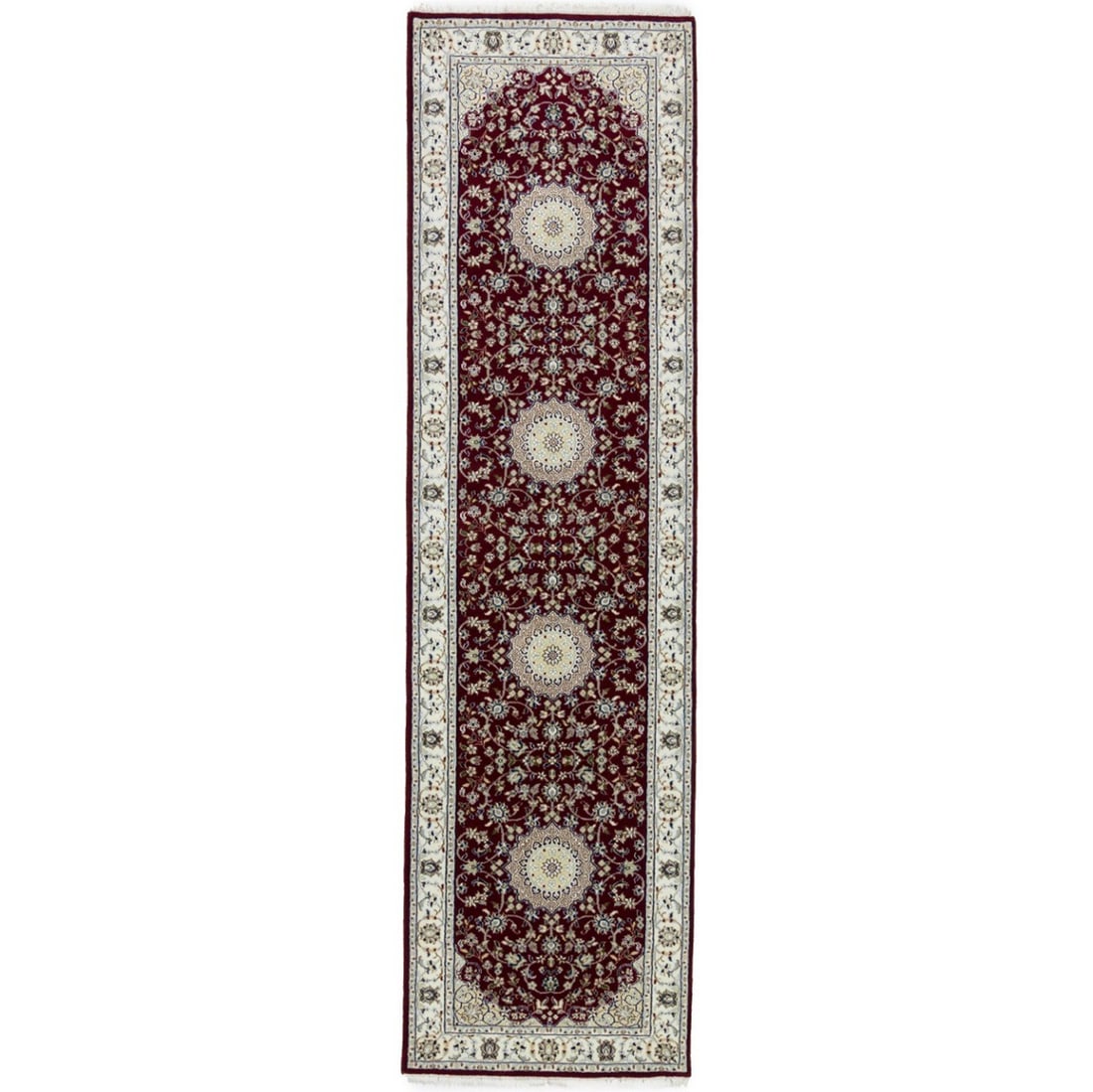 Hand-Knotted Wool and Silk Floral Runner Rug 2'10 x 10'4 India: Hand-Knotted Wool and Silk Floral Runner Rug 2'10 x 10'4 India This hand-knotted runner rug from India features a classic medallion floral pattern in red, cream, dark navy, light gray, green, tan, and