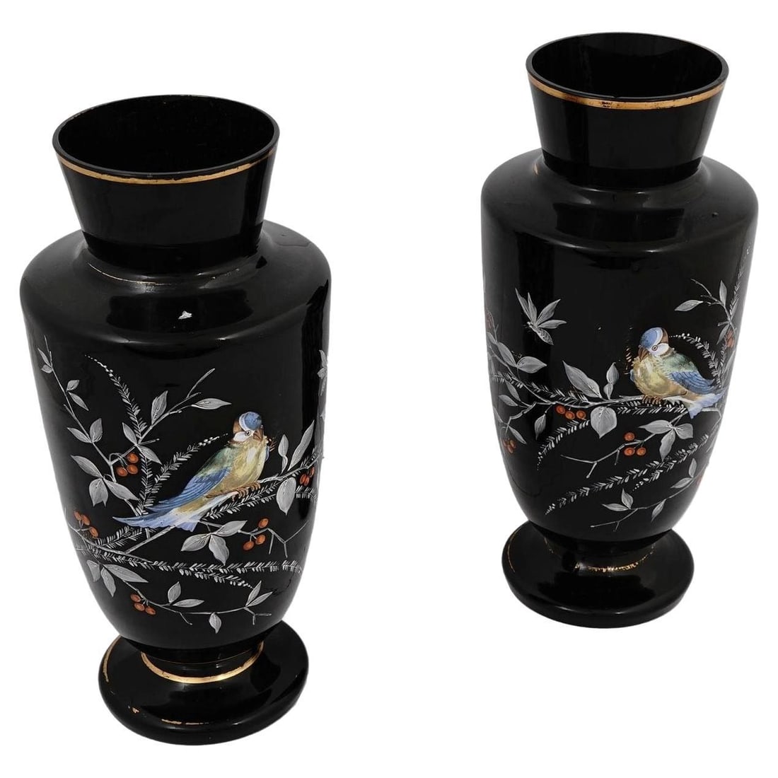Set of 2 Bohemian Black Amethyst Glass Vases with Enameled Birds: Set of 2 Bohemian Black Amethyst Glass Vases with Enameled Birds This pair of antique Bohemian black amethyst glass vases dates to the late 19th century and is attributed to Harrach. Each vase feature