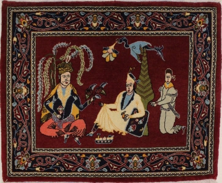 Small Vintage Wool Area Rug Hand-Knotted Floral Pattern 2'9 x 3'3: Small Vintage Wool Area Rug Hand-Knotted Floral Pattern 2'9 x 3'3 This hand-knotted vintage wool pictorial rug features a traditional floral pattern in wine red, beige, blue, olive, gold, and coral to