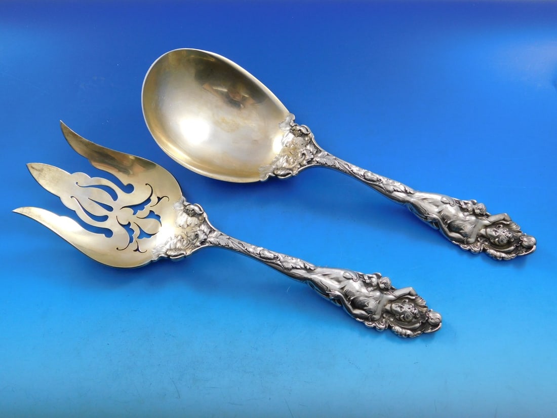 Reed & Barton Love Disarmed Sterling Salad Serving Set 11" Gold-Washed (1 of 8)