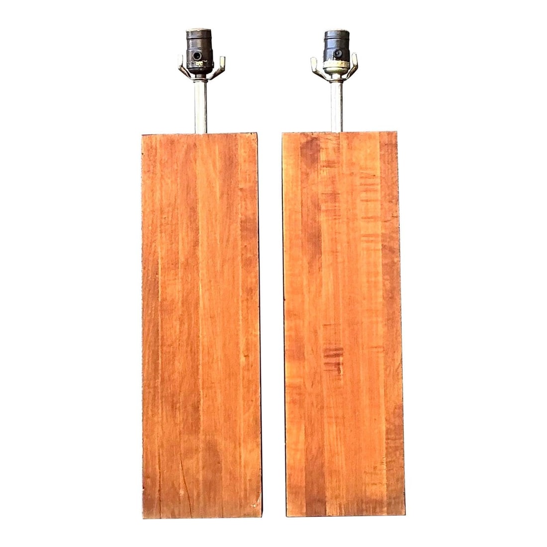 Pair of 1970s Solid Wood Butcher Block Table Lamps with Chrome Accents (1 of 7)