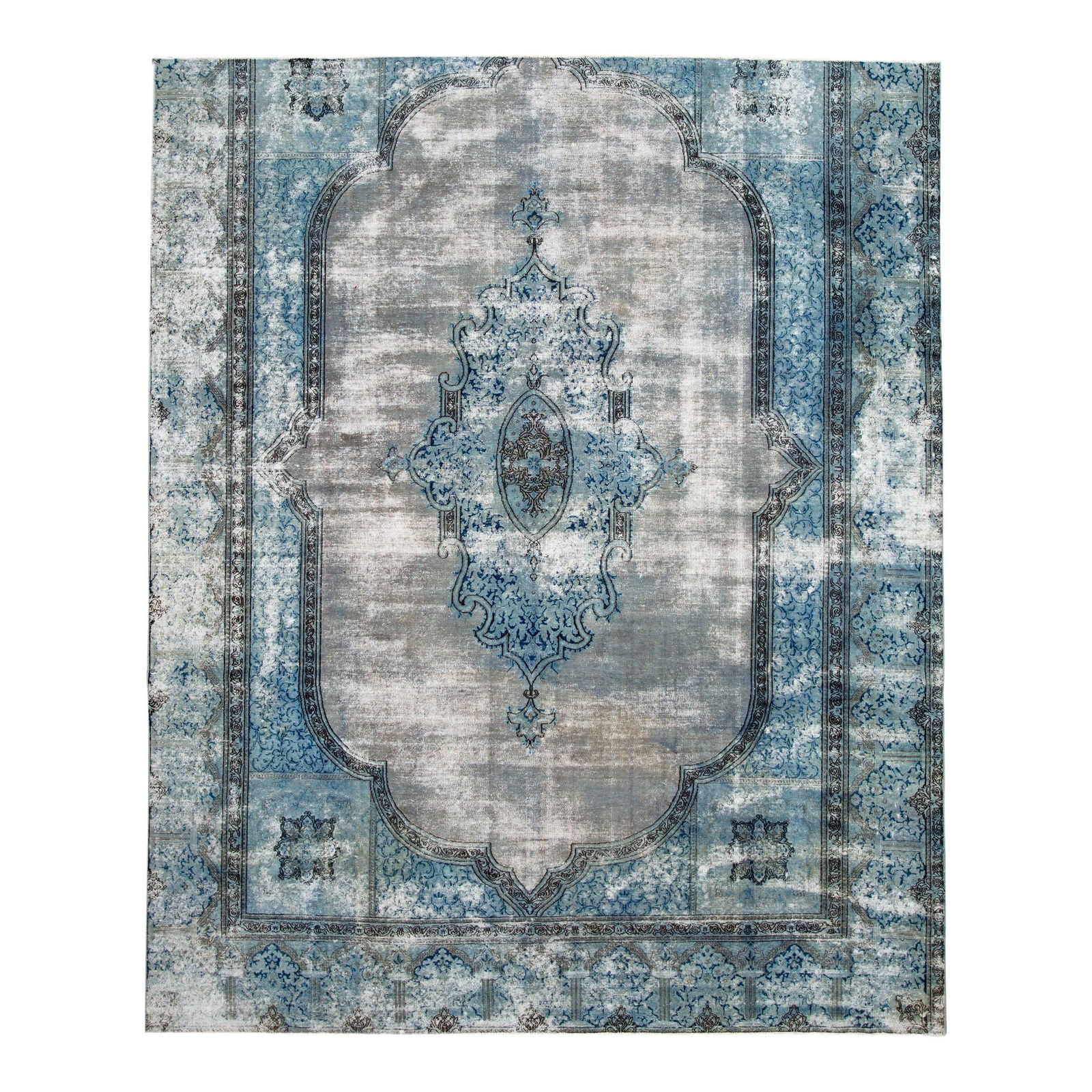 1960s Handmade Persian Wool Rug Distressed Blue Medallion 9'03 x 11'02: 1960s Handmade Persian Wool Rug Distressed Blue Medallion 9'03 x 11'02 This exquisite vintage Persian rug showcases a stunning distressed design with a rich blue field, accented by elegant black and g