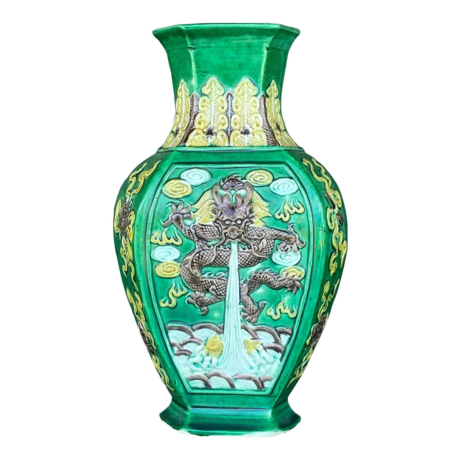 1920s Vintage Asian Ceramic Dragon Vase Green Yellow: 1920s Vintage Asian Ceramic Dragon Vase Green Yellow This vintage 1920s Asian vase showcases a stunning dragon motif, beautifully crafted in a chic green and yellow color scheme. The vase is stamped o