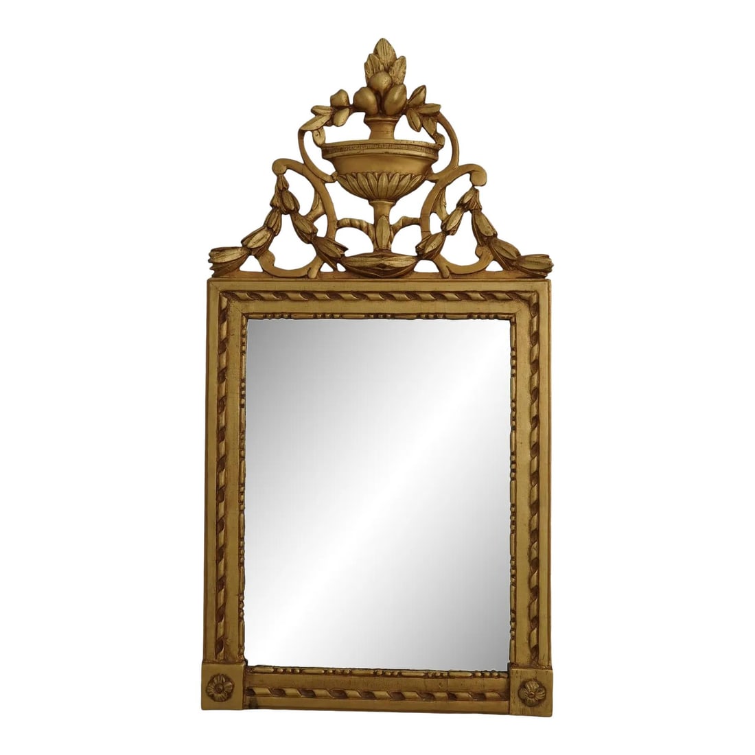 Elegant Italian Gold Gilt Wall Mirror with Urn Carved Top: Elegant Italian Gold Gilt Wall Mirror with Urn Carved Top This exquisite Italian Gold Gilt Decorator Wall Mirror features a beautifully urn-carved top and a stunning gold gilt finish, showcasing elega