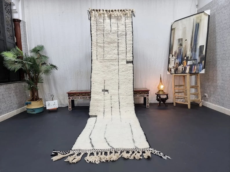Authentic Soft White 2 x 10 Feet Engraved Runner Rug from Morocco: Authentic Soft White 2 x 10 Feet Engraved Runner Rug from Morocco Enhance your space with this Luxury Soft White Engraved Runner Rug, meticulously handwoven in the Atlas Mountains by skilled Berber
