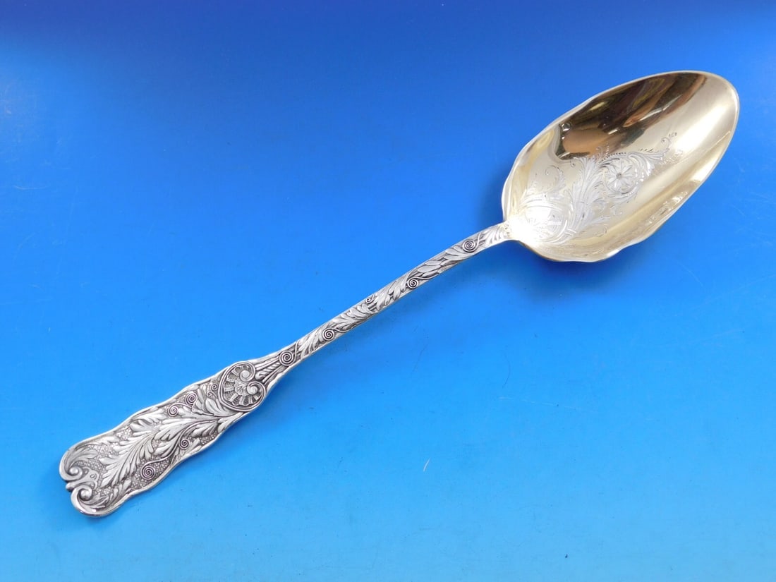 Gorham Saint Cloud Sterling Silver Serving Spoon Gold-Washed Brite-Cut 11.5" Monogrammed (1 of 5)