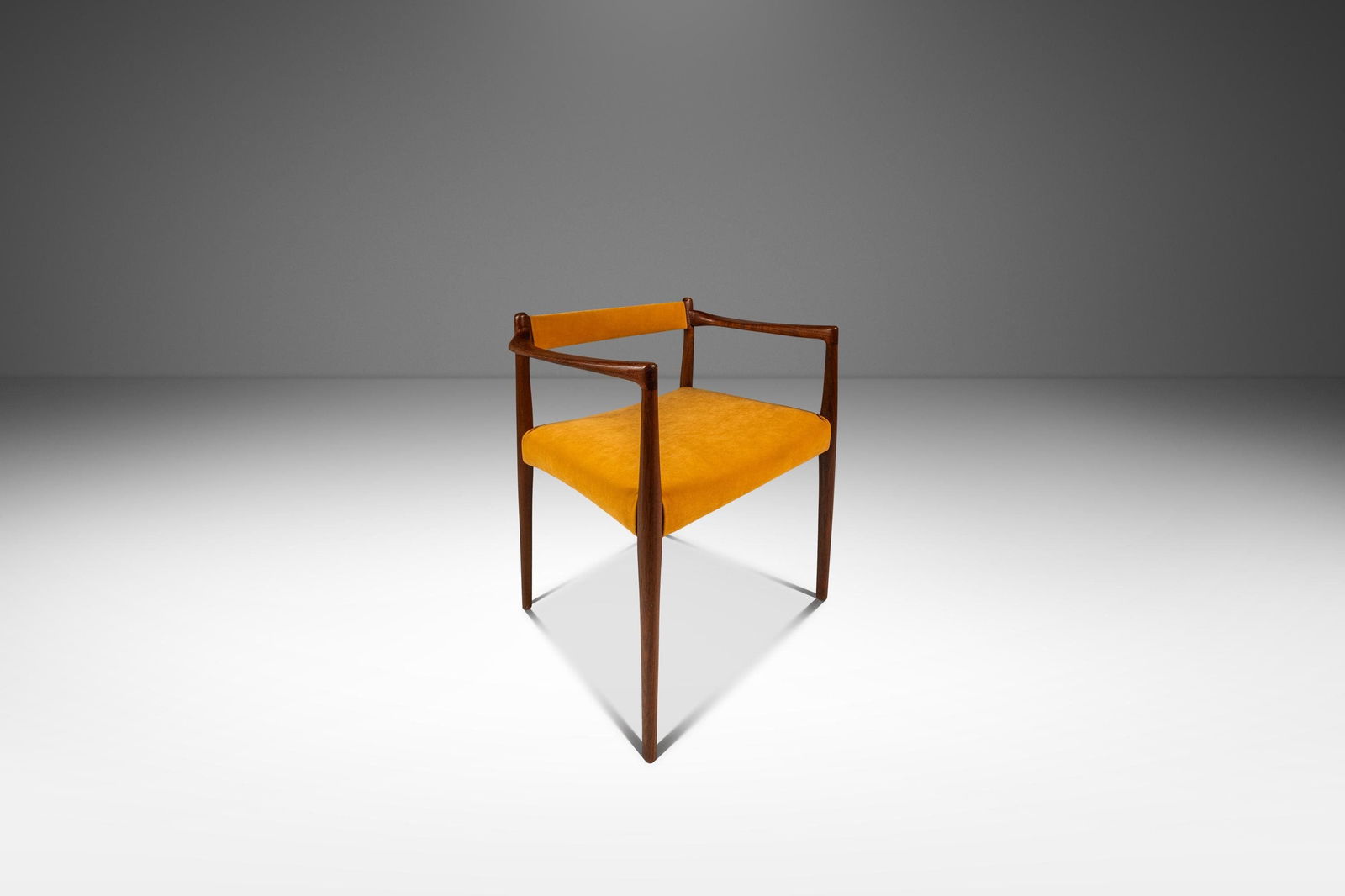 Rare Helge Vestergaard Jensen Teak Armchair in Mustard Velour 1960s: Rare Helge Vestergaard Jensen Teak Armchair in Mustard Velour 1960s Presenting a rare Danish Mid-Century Modern sculpted armchair designed by Helge Vestergaard Jensen for Peder Pedersen, crafted in so