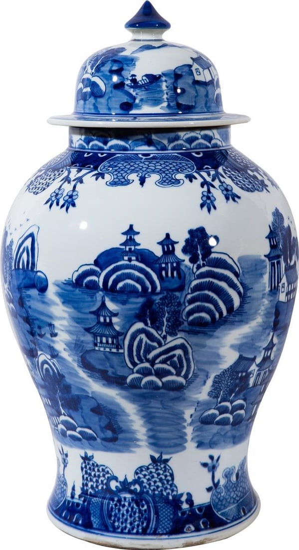 Hand-Crafted Blue and White Ceramic Temple Jar 22H 12W 12D (1 of 5)
