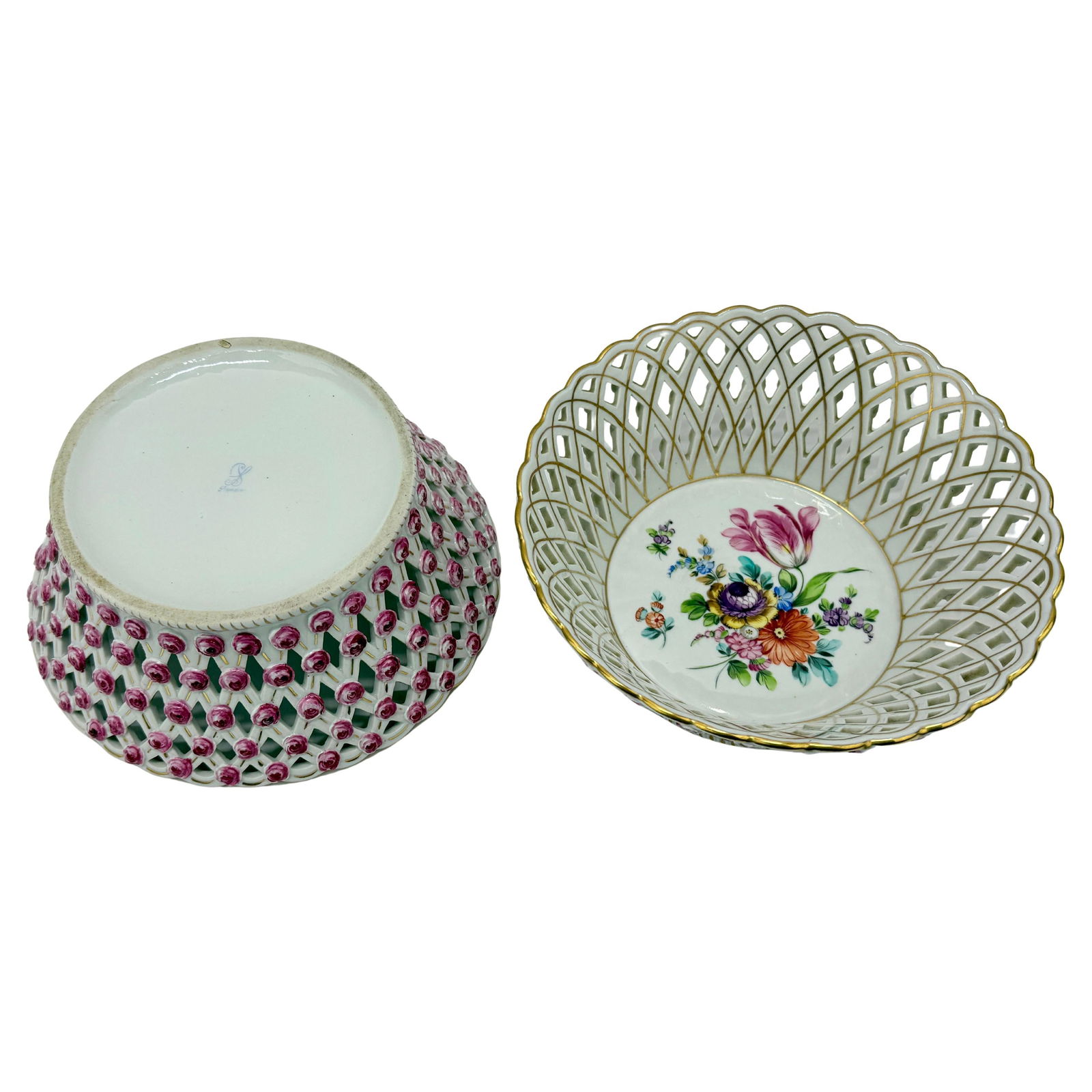 Set of 2 Fine Dresden Porcelain Baskets C. 1910 with Rose Buds (1 of 8)