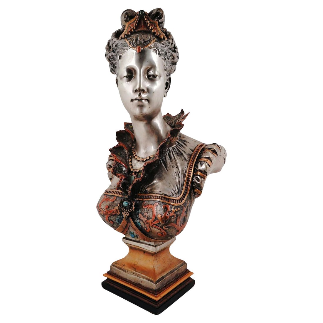 Bronze Renaissance Revival Florentine Princess Bust Silvered and Enameled Mid-20th Century: Bronze Renaissance Revival Florentine Princess Bust Silvered and Enameled Mid-20th Century This mid-20th century bust depicts a Florentine princess in the Renaissance Revival style, crafted in