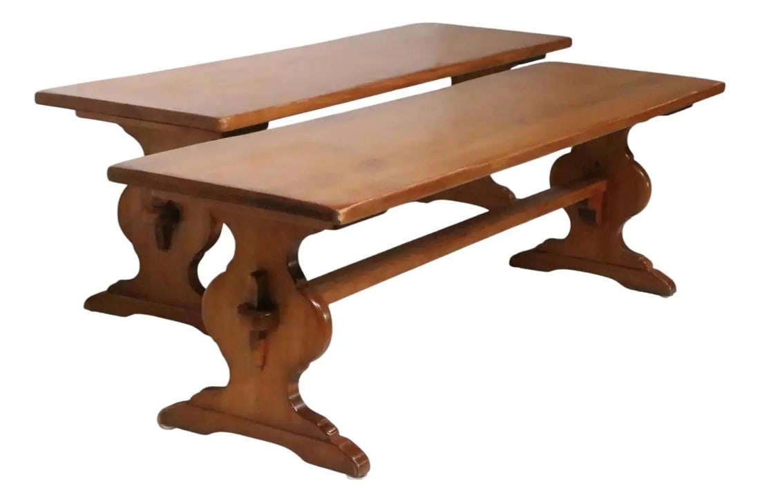 Rare Pair of Mid 20th Century Cushman Colonial Maple Benches: Rare Pair of Mid 20th Century Cushman Colonial Maple Benches This exceptional pair of Mid 20th Century Cushman Colonial benches showcases a beautiful design in solid maple. The benches are in