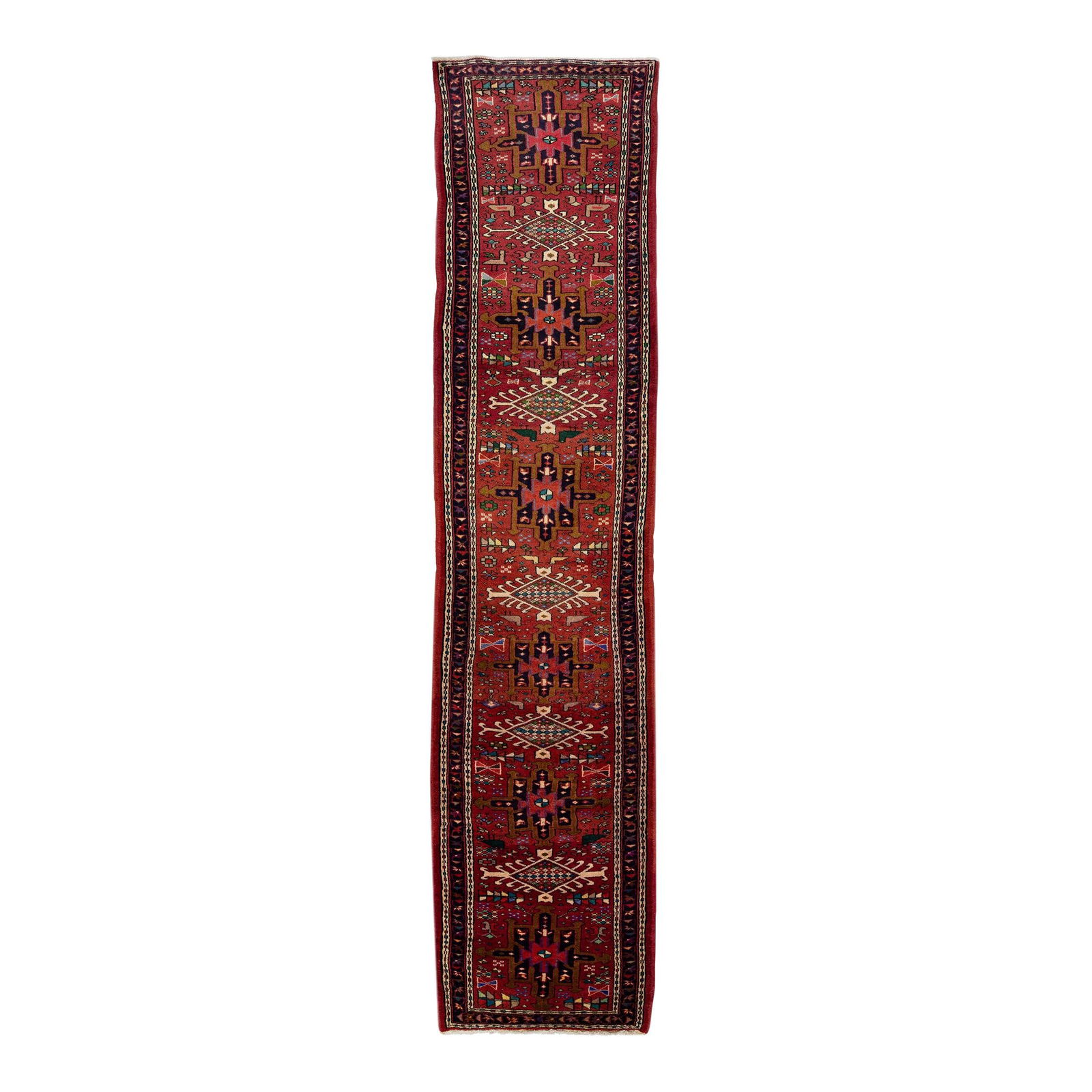 1960s Vintage Persian Heriz Handmade Wool Runner Rust Medallion 2'8 x 12'4: 1960s Vintage Persian Heriz Handmade Wool Runner Rust Medallion 2'8 x 12'4 This stunning vintage Persian Heriz runner features a beautifully hand-knotted wool construction, showcasing a rich rust