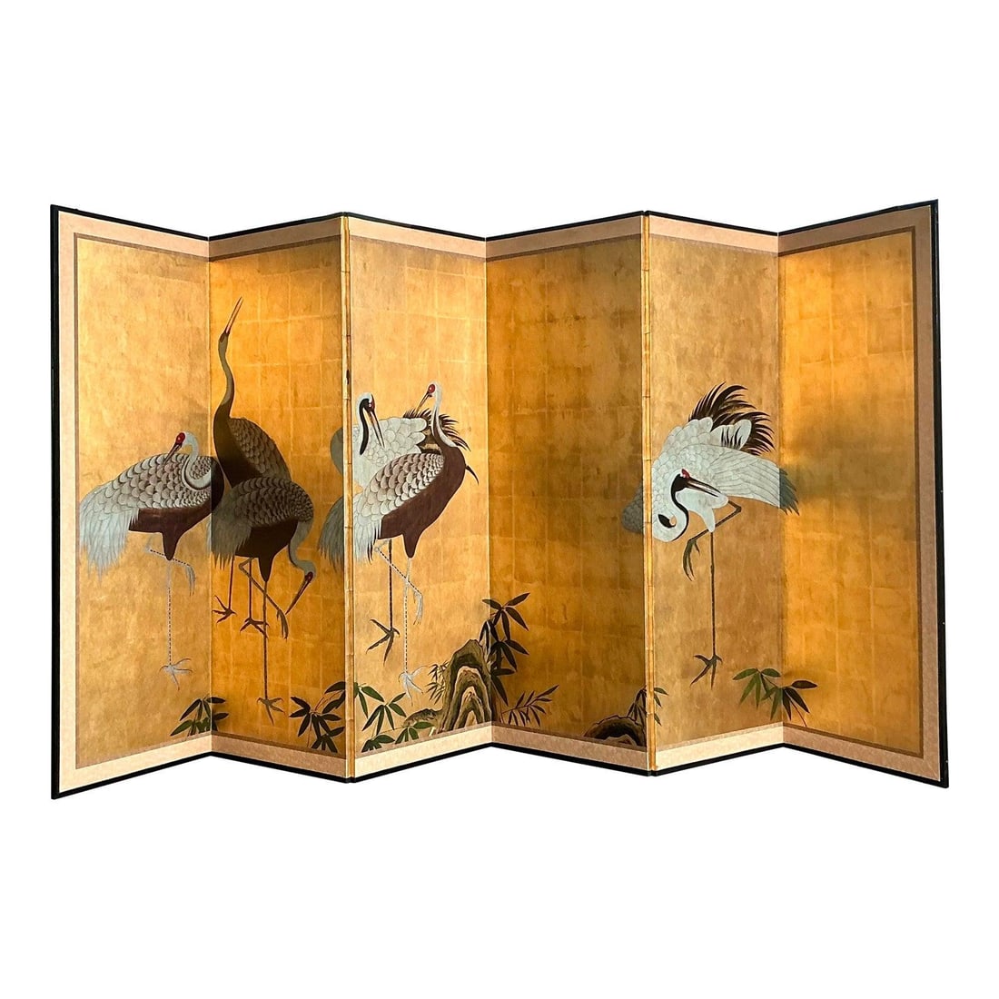 Six-Panel Gold Leaf Chinoiserie Folding Screen with Crane Motif (1 of 10)