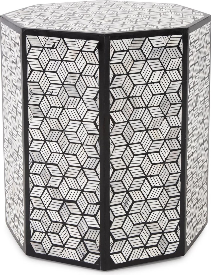 Howard Elliott Avanti Bone Inlay Octagon Side Table: Howard Elliott Avanti Bone Inlay Octagon Side Table Enhance your living space with this exquisite Geometric Design Bone Inlay Side Table from the Avanti collection. This stunning piece features a poli