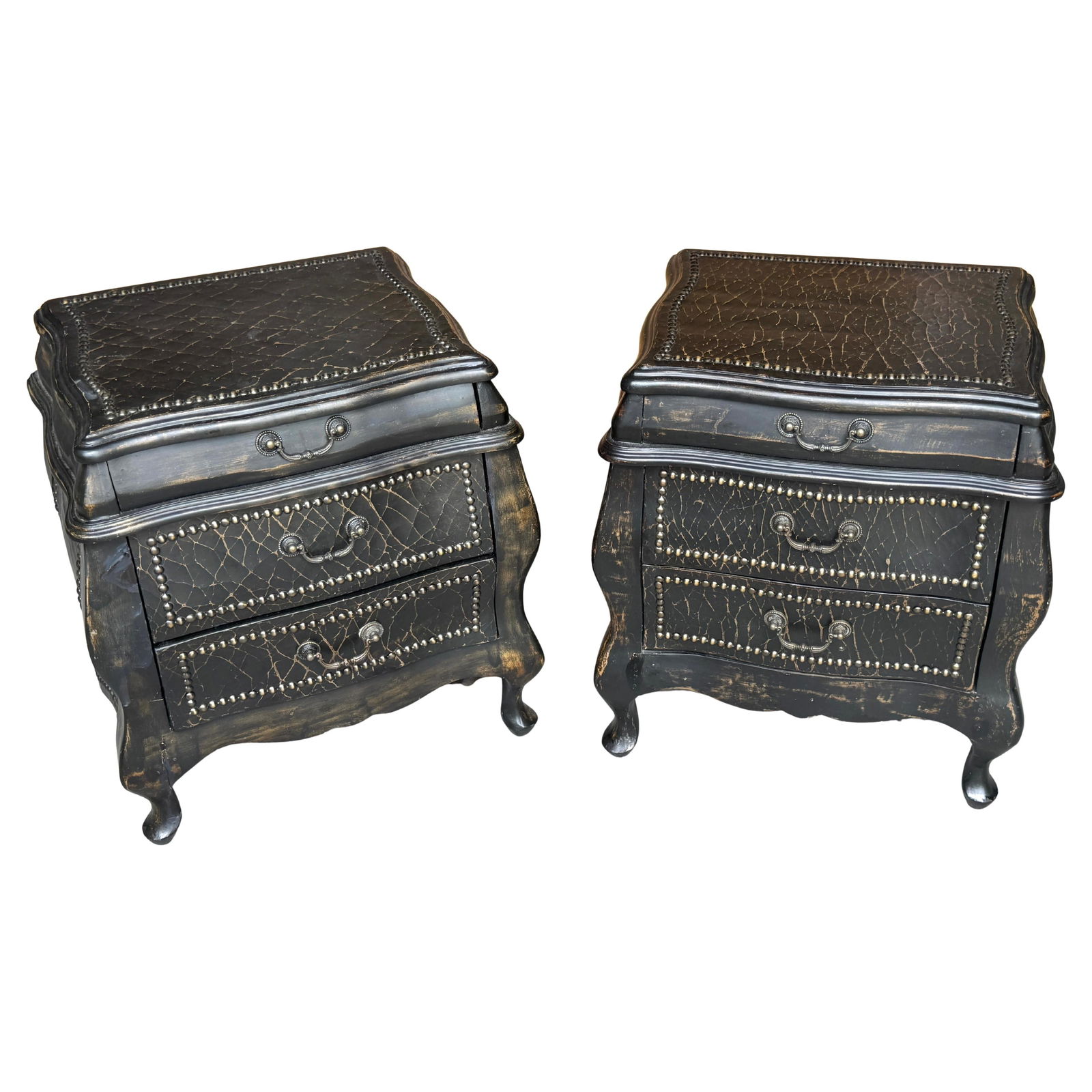 Set of 2 Italian Black Lacquer Bombe Nightstands with Nailhead Trim: Set of 2 Italian Black Lacquer Bombe Nightstands with Nailhead Trim This exquisite pair of Italian-style black lacquer bombe nightstands features a striking silhouette with a rich black lacquer finish