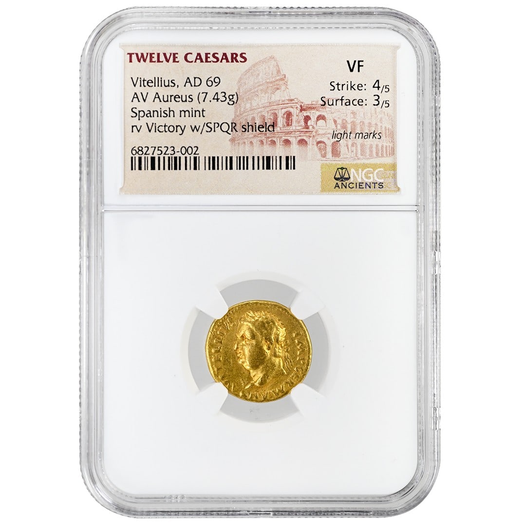 Roman Empire Vitellius Silver Denarius NGC VF Victory SPQR Shield Reverse: Roman Empire Vitellius Silver Denarius NGC VF Victory SPQR Shield Reverse This ancient Roman AR Denarius features Emperor Vitellius and dates to AD 69. Certified and graded Very Fine by NGC, this silv