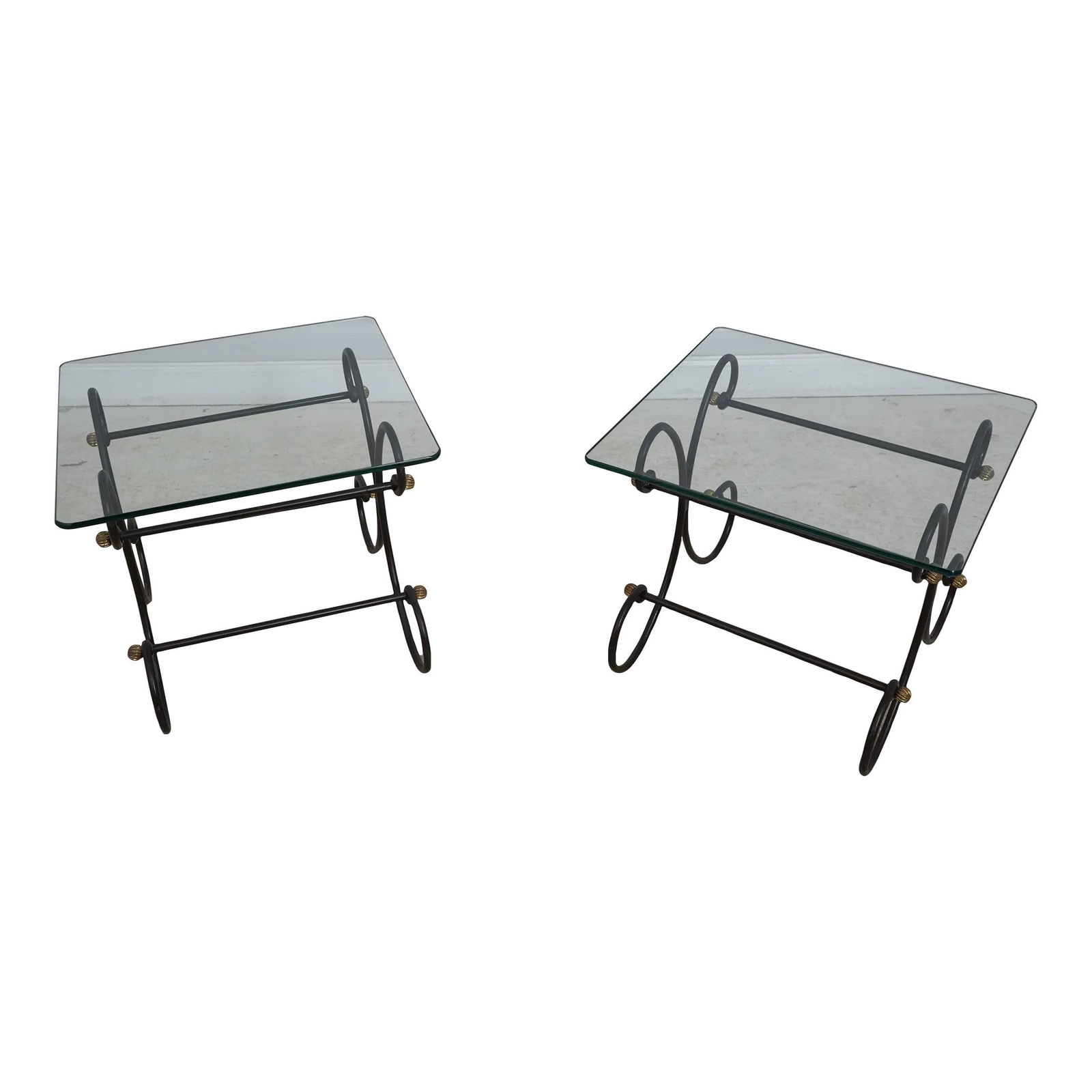 Stylish Pair of Iron Base Glass Top End Tables with Brass Finials (1 of 10)