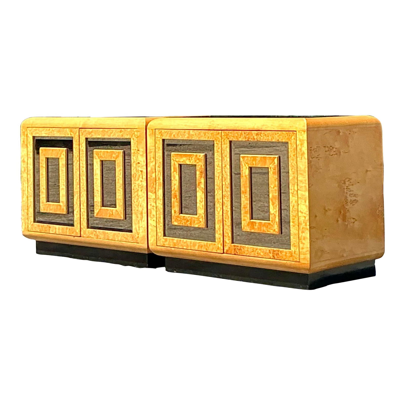 Vintage Romweber Pair of MCM Burl and Mirror Nightstands: Vintage Romweber Pair of MCM Burl and Mirror Nightstands Enhance your bedroom with this exquisite pair of Vintage Romweber Burl and Mirror Nightstands. These mid-century modern pieces showcase stunnin