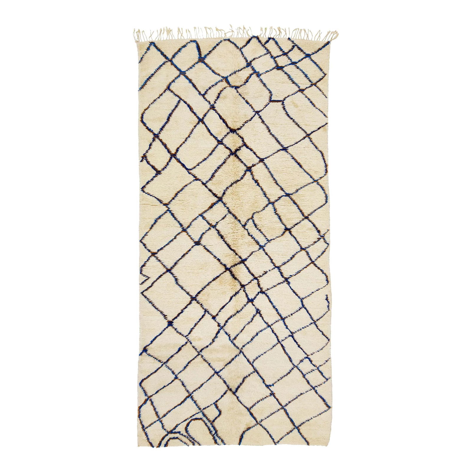 Ivory Modern Handmade Moroccan Wool Rug 6'1 x 12'11: Ivory Modern Handmade Moroccan Wool Rug 6'1 x 12'11 Elevate your space with this exquisite modern Moroccan hand-knotted wool rug, featuring a serene natural ivory field. The rug showcases a stunning,