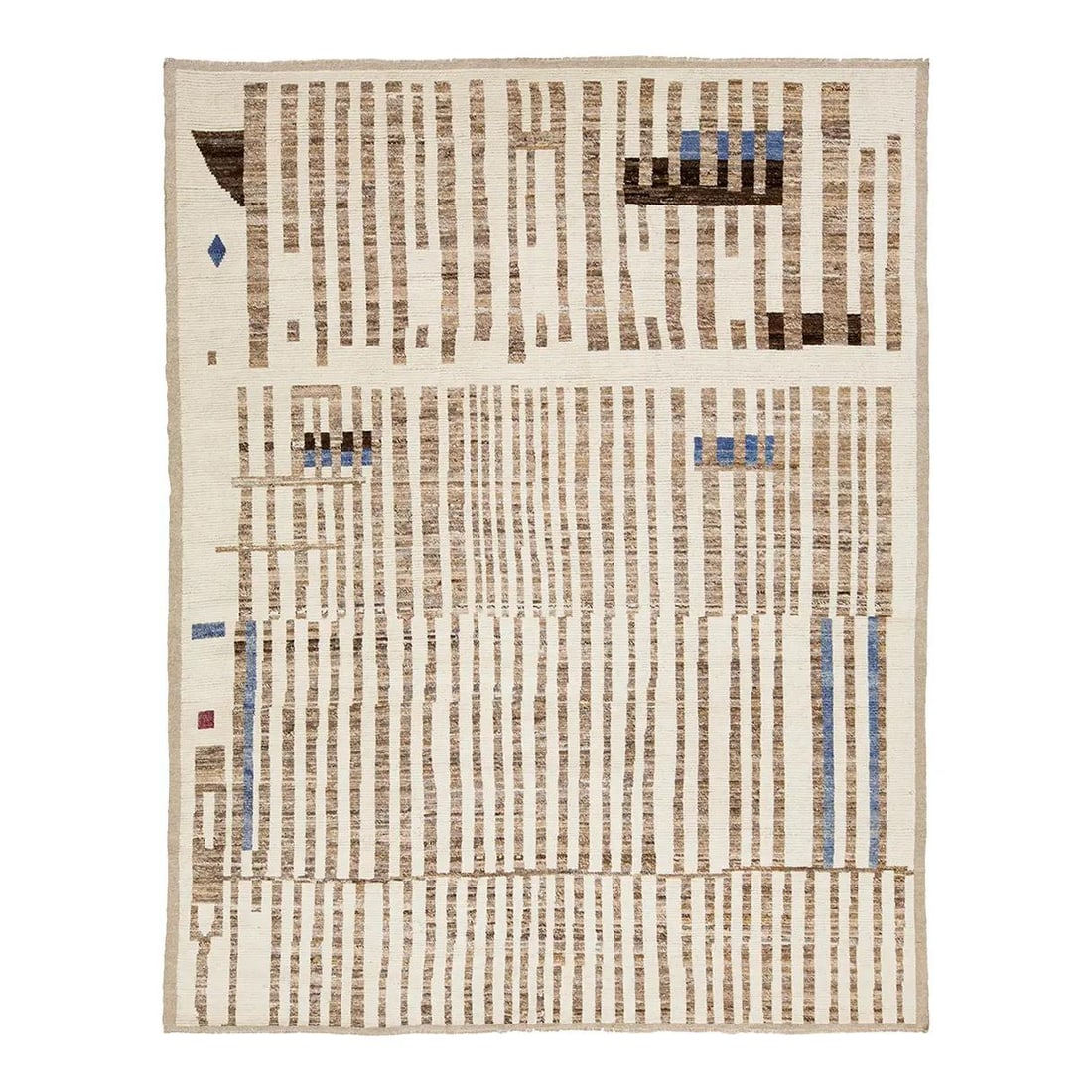 Handwoven Modern Moroccan Wool Area Rug 9'5 x 12' With Color Block Stripes: Handwoven Modern Moroccan Wool Area Rug 9'5 x 12' With Color Block Stripes This modern Moroccan-style wool rug features vertical brown stripes and playful color blocks in blue, maroon, and black on a