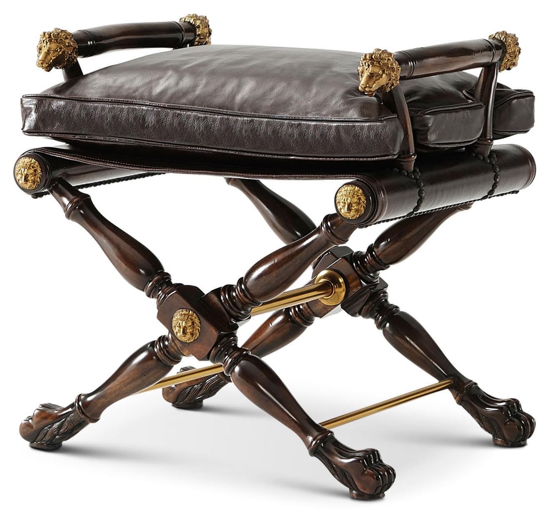 Theodore Alexander Mahogany Brass Director's Stool Regency Style: Theodore Alexander Mahogany Brass Director's Stool Regency Style This vintage-style director's stool combines elegance and functionality, featuring a stunning mahogany frame complemented by brass acce