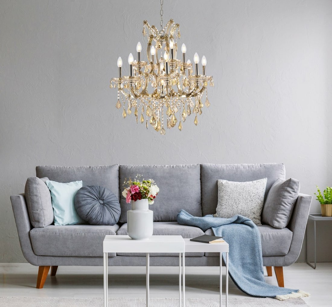 Maria Theresa 13-Light Crystal Chandelier With Golden Teak Frame 27 Inch: Maria Theresa 13-Light Crystal Chandelier With Golden Teak Frame 27 Inch This Maria Theresa chandelier features a golden teak finish with royal cut golden teak (smoky) crystals, creating a sophisticat