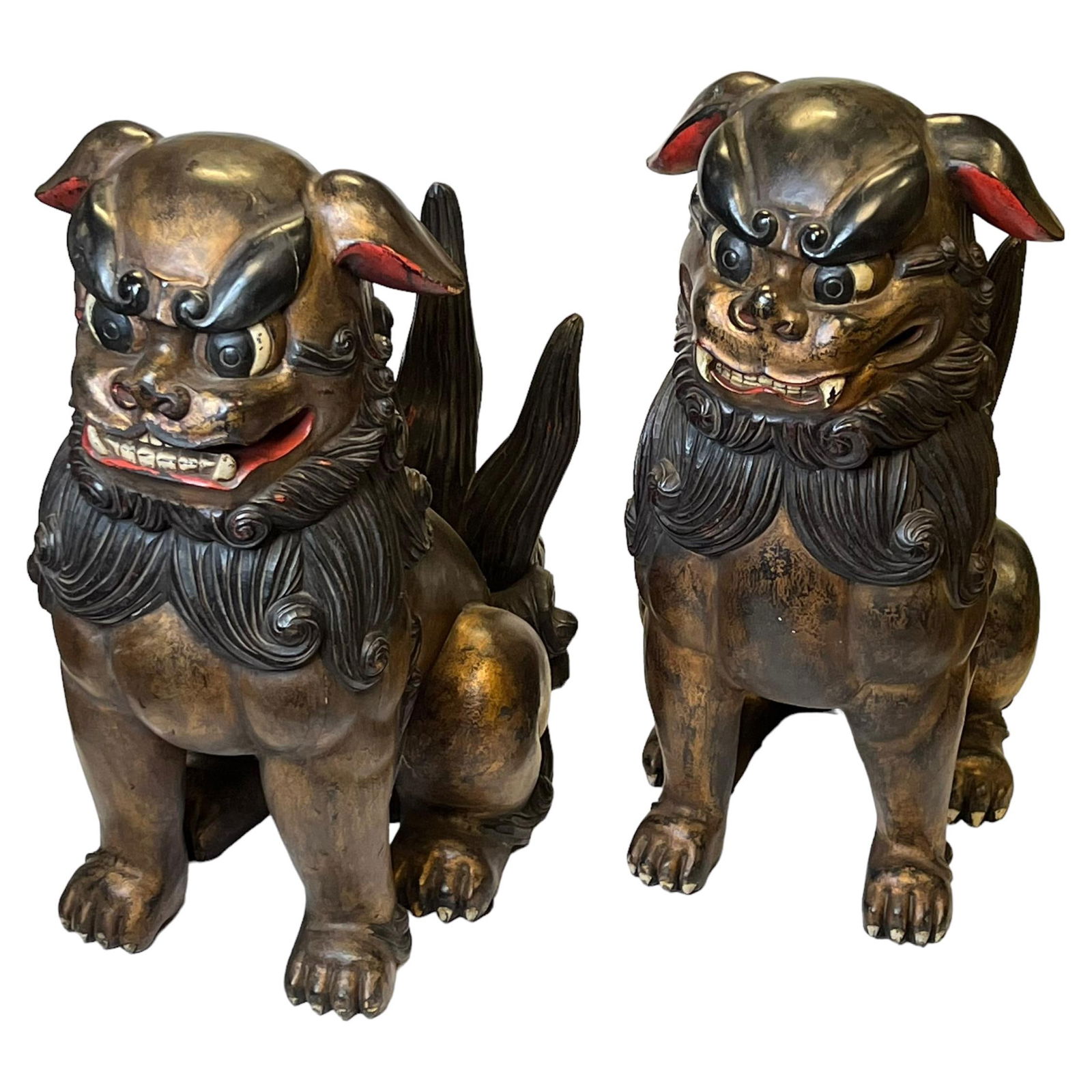 Set of 2 Large Hand-Painted Wooden Chinese Fu Lion Sculptures (1 of 18)