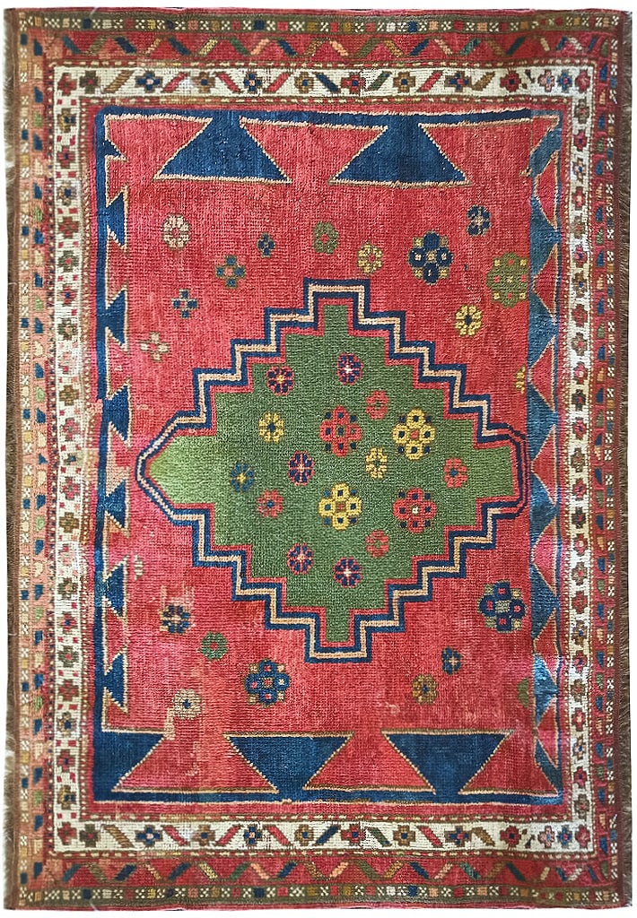 Antique Kazak Hand-Knotted Area Rug 3.4 x 4.4 Feet Wool Caucasian Design (1 of 9)