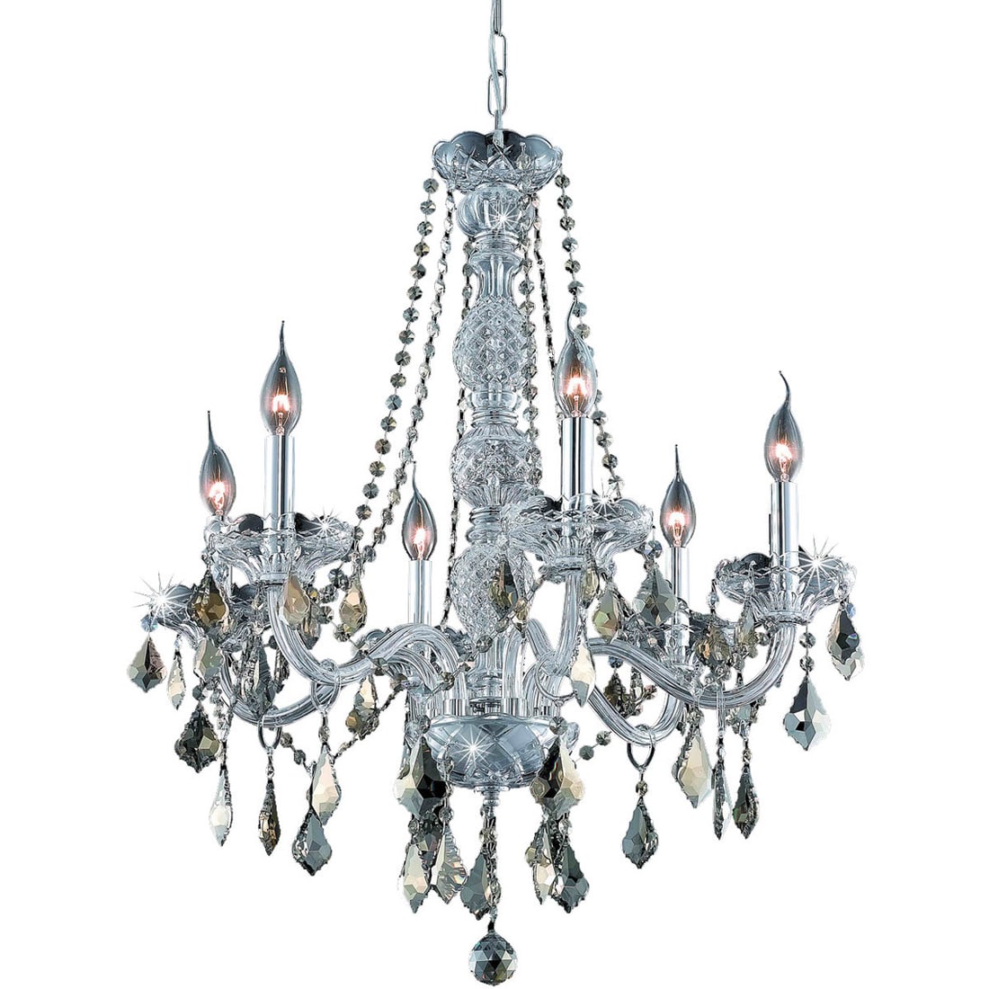 Verona 6-Light Chrome Pendant with Golden Teak Crystals 24in: Verona 6-Light Chrome Pendant with Golden Teak Crystals 24in Illuminate your dining space with this stunning 6-Light Chandelier, featuring a beautiful chrome frame and exquisite golden teak crystals.
