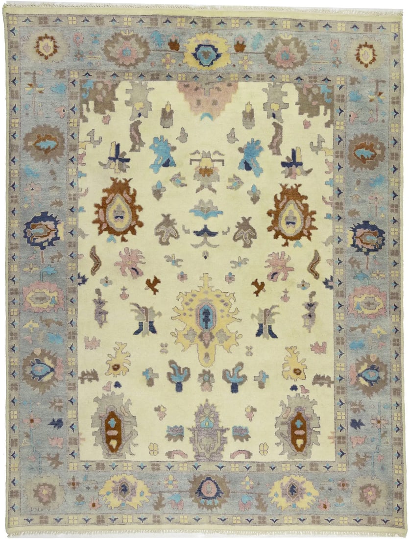 Hand-Knotted Wool Floral Oushak Area Rug 9'0 x 11'8 India Modern Carpet: Hand-Knotted Wool Floral Oushak Area Rug 9'0 x 11'8 India Modern Carpet This hand-knotted Oushak area rug features a floral pattern in cream, gray, burnt orange, pink, and light blue tones. Crafted fr