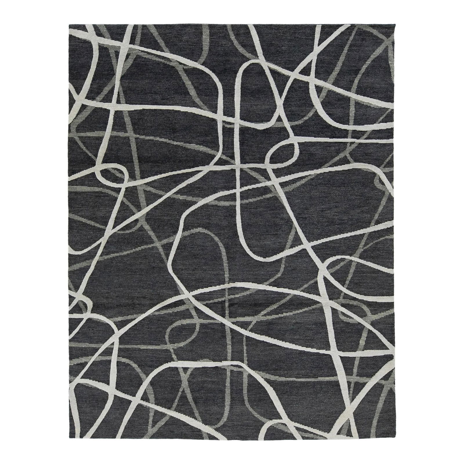 Handmade Abstract Wool Rug 8' x 10' Dark Gray Ivory Design: Handmade Abstract Wool Rug 8' x 10' Dark Gray Ivory Design Enhance your living space with this stunning hand-knotted abstract contemporary wool rug. Crafted from premium wool, it showcases a captivati