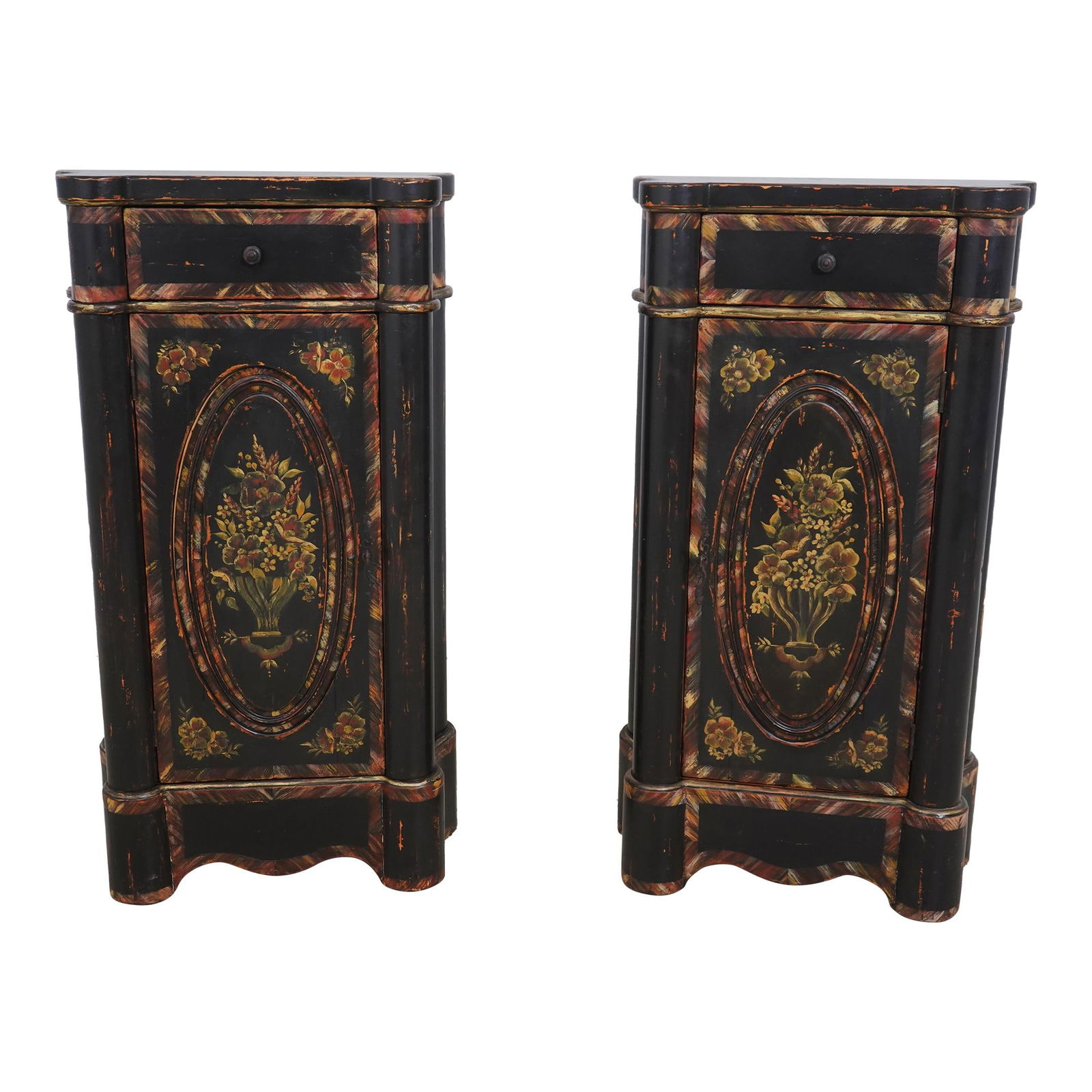 Woodland Venetian Pair of Floral Painted Consoles with 1 Drawer and 1 Door: Woodland Venetian Pair of Floral Painted Consoles with 1 Drawer and 1 Door This exquisite pair of Woodland Venetian consoles features a beautiful floral paint-decorated finish, showcasing a factory di