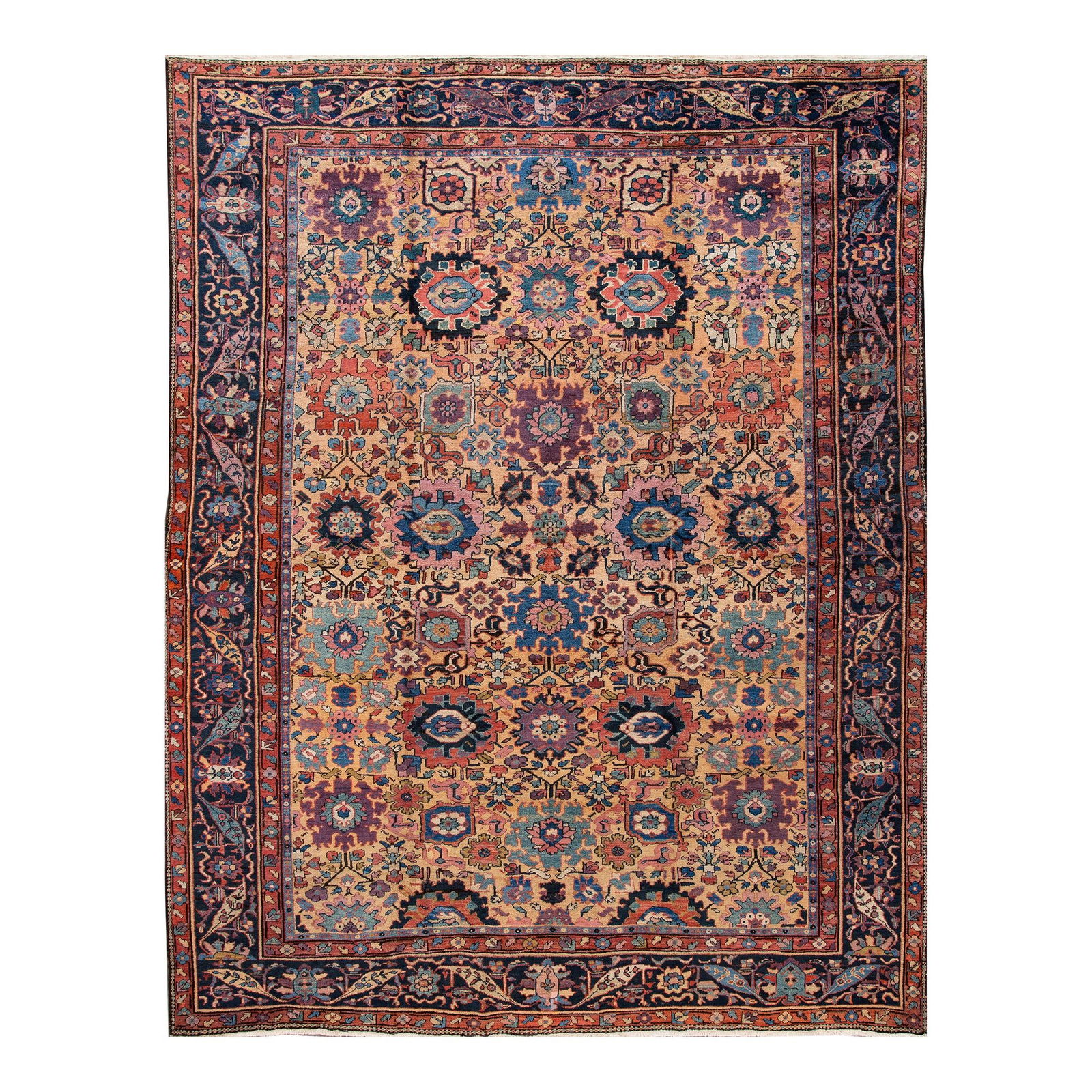 Antique Mahal Hand-Knotted Tan Wool Rug 11' x 14' Floral Design: Antique Mahal Hand-Knotted Tan Wool Rug 11' x 14' Floral Design Enhance your space with this exquisite Antique Mahal hand-knotted wool rug featuring a warm tan color field complemented by navy blue