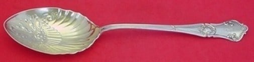 Gorham Regent Sterling Silver Gold Washed Platter Spoon 10 3/4 Inch: Gorham Regent Sterling Silver Gold Washed Platter Spoon 10 3/4 Inch Regent by Gorham sterling silver platter spoon with gold wash, measuring 10 3/4 inches in length. Features a fancy design in the