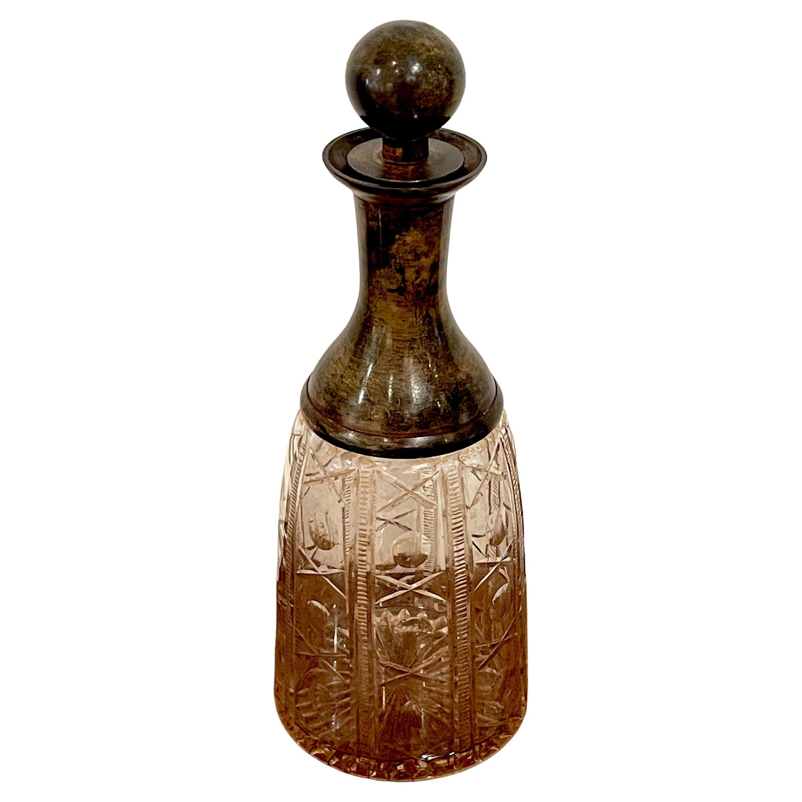 French Modern Patinated Bronze X&O Cut Glass Decanter 12 Inch (1 of 10)