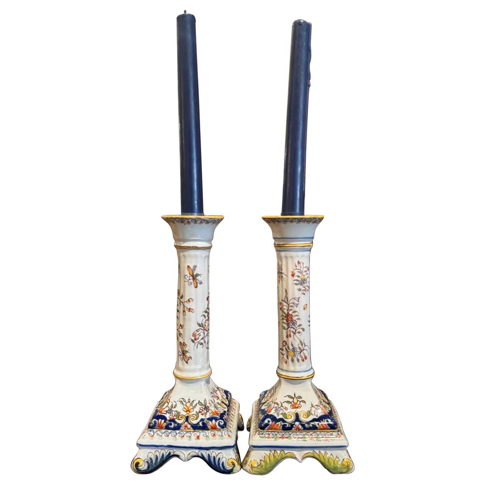 Set of 2 Hand-Painted Rouen Faience Candle Holders from France Circa 1960 (1 of 6)