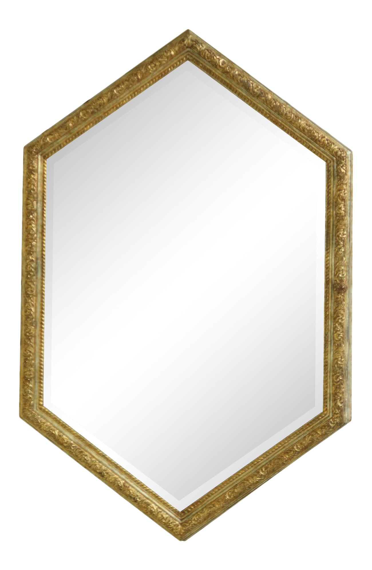 LaBarge Gold Beveled Glass Mirror Hanging Cabinet with 3 Shelves: LaBarge Gold Beveled Glass Mirror Hanging Cabinet with 3 Shelves Enhance your decor with this elegant Labarge Beveled Glass Mirror Hanging Cabinet. This stunning piece features a gold-washed finish th