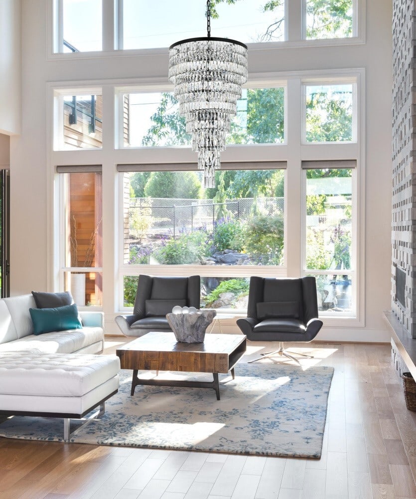 Josephine 41 Light Modern Black Crystal Chandelier 54 Inch Tall for Dining or Entry: Josephine 41 Light Modern Black Crystal Chandelier 54 Inch Tall for Dining or Entry This large, modern-style chandelier features a black iron and steel frame adorned with royal cut clear crystal accen