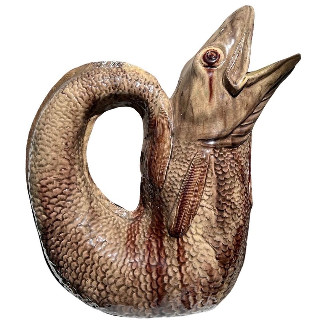 19th Century Majolica Ceramic Eel Pitcher Aesthetic Movement: 19th Century Majolica Ceramic Eel Pitcher Aesthetic Movement This remarkable 19th Century Majolica Pottery Pitcher showcases a unique eel form, making it a standout piece for any collection. Crafted d